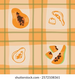 A cheerful seamless pattern showcasing papayas, both whole and sliced, over a warm, hand-drawn checkerboard background.