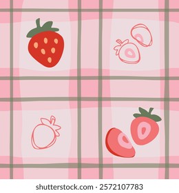 A cheerful seamless pattern showcasing strawberries, both whole and sliced, over a warm, hand-drawn checkerboard background.