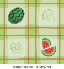 A cheerful seamless pattern showcasing watermelons, both whole and sliced, over a warm, hand-drawn checkerboard background.