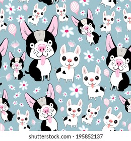cheerful seamless pattern with small dogs on a blue background with flowers  