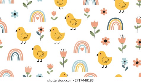 Patrón sin fisuras alegre con Pequeños polluelos amarillos, arcoíris de colores y varias flores en un estilo lindo dibujado a mano.