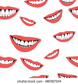 Cheerful seamless pattern with smiling, smile with snow white teeth on a white background at different angles and scales, vector illustration for print or website design