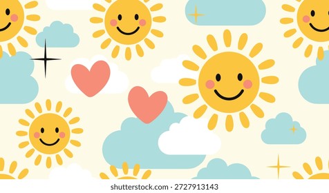 Patrón sin fisuras alegre de soles amarillos sonrientes, nubes azules y blancas esponjosas, corazones rosados y estrellas en un esquema de color brillante y feliz para el vivero.