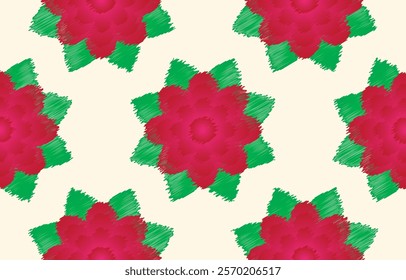 Cheerful seamless pattern with stylized floral motifs. Pink, red, green, and beige color palette. Suitable for children's apparel, home decor, spring and summer decorations,and cheerful design project