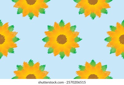 Cheerful seamless pattern with stylized sunflower motifs. Light blue, yellow, green, and brown color palette. Suitable for children's apparel, home decor, summer party decorations, and cheerful design