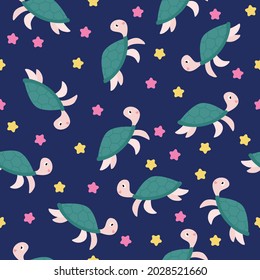 Cheerful seamless pattern with turtle and starfish on a blue background. Education for children, fairy tales and coloring pages. Vector illustration in flat style