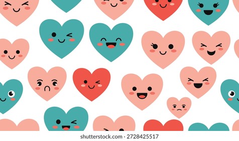 Padrão alegre sem costura de vários personagens cardíacos com diferentes expressões faciais engraçadas em tons de rosa, vermelho e azul-marinho para design infantil.