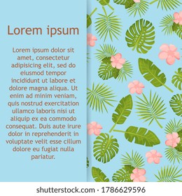 cheerful seamless pattern wallpaper off tropical green leaves off palm trees and flowers.Tropical leaves. Palm and monstera. Vector illustration