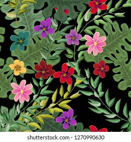 Cheerful seamless pattern wallpaper of tropical dark green leaves of palm trees and flowers bird of paradise (strelitzia) plumeria on a light background