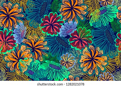 Cheerful seamless pattern wallpaper of tropical blue, coral and yellow leaves and flowers on a dark blue background - Vector