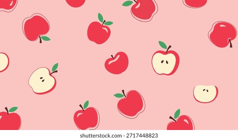 Cheerful seamless pattern of whole and sliced red apples with green leaves on a bright pink background for a food theme.