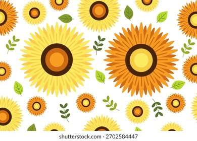 Ein fröhliches, nahtloses Muster aus gelben und orangen Sonnenblumen mit grünen Blättern auf weißem Hintergrund. Diese flache Vektorgrafik ist ideal für Textilien, Verpackungen, Tapeten.