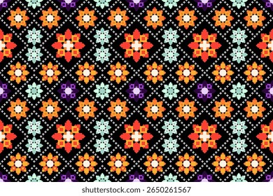 Padrão de arte em pixels alegre e sem emenda, apresentando motivos étnicos florais e geométricos coloridos. Laranja brilhante, amarelo, roxo, verde hortelã contra um fundo preto negrito.têxteis,moda, arte digital,cultural