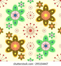 Cheerful seamless print of bright abstract flowers. Lively children wallpapers. Vector illustration for various creative projects