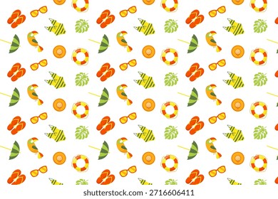 Ein fröhliches, nahtloses Sommermuster mit Flip-Flops, Sonnenbrillen, Rettungsringe, Ananas und Palmblättern in hellorange, gelb und grün auf weißem Hintergrund.