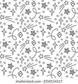Cheerful seamless vector background with stars, line drawing doodle style, wallpaper, textile print, packaging.