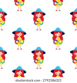 Cheerful seamless vector pattern of a cartoon girl with red hair and blue hat, holding a colorful autism infinity symbol. Ideal for awareness, kids' products, and supportive designs.