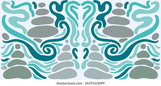 Padrão vetor sem emenda alegre, com molas de pedra equilibradas em uma praia, estilo recortado com simplicidade em mosaico