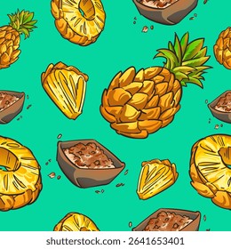 A cheerful seamless vector pattern featuring tropical pineapple slices, sweet pineapple rings, triangular chunks, and a traditional Thai-style chili salt bowl. Perfect for use in summer-themed design.