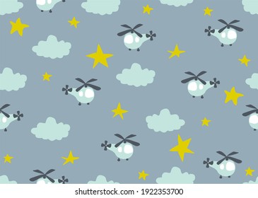 Cheerful seamless vector pattern with helicopters in the sky and clouds. Hand drawn transport, background for boys and kids