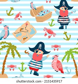 Cheerful seamless vector pattern with sea animals, pirates, palm trees and treasures. Adventure and travel for children and adults. Background for printing on fabrics and paper