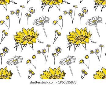 Cheerful seamless vector pattern with yellow and white flowers - sunflower, daisy
