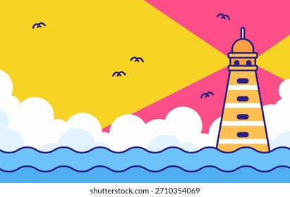Alegre ilustración junto al mar con un faro que brilla a través de un vibrante cielo amarillo y rosa con suaves nubes y olas azules tranquilas Vector dibujado a mano estilo de dibujos animados para fondo costero o de viaje