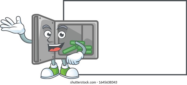 Cheerful security box open mascot style design with whiteboard