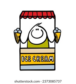 Cheerful seller in a candy store offers ice cream tasting. Vector illustration of a stickman holding two waffle cones with an appetizing treat for children. Character isolated on white background.