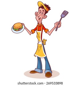 Cheerful seller hamburger on a white background. Happy man with hamburger. Vector clip-art illustration.