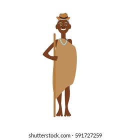 The cheerful senior African man with the stick vector illustration