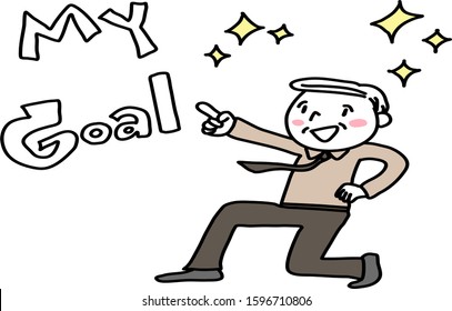 Cheerful senior businessman pointing to his goal. Business concept and life resolutions concept with mature man pointing to wording "My Goal" which written on white background. Sparkle icons included.