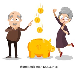 Cheerful senior couple with gold piggy bank. Retirement plan, savings and investment. Gold coins falling in piggy bank. Money income concept. Wealth and happy lifestyle on pension vector illustration.