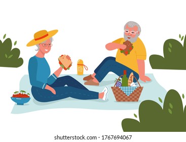 Cheerful senior couple having lunch outdoors, enjoying life. Active retirement, happy marriage anniversary and holiday picnic concept. Flat style isolated background cartoon vector illustration.