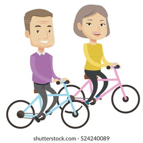 Cheerful senior couple riding a bicycles. Retired couple having fun while riding a bicycles. Active couple enjoying walk with bicycles. Vector flat design illustration isolated on white background.