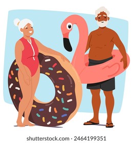 Cheerful Senior Couple Stands Ready For Pool Party, Woman Holding A Chocolate Donut Inflatable Ring And Man A Flamingo One. They Both Show Big Smiles, Radiating Holiday Vibes And Companionship, Vector