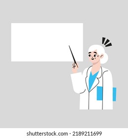 Cheerful senior doctor holding blank banner, showing thumb up and pointing with finger at copy space. Flat vector illustration isolated on white