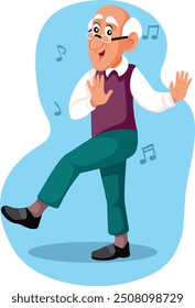 
Cheerful Senior Grandpa Dancing with Energy Vector Cartoon Illustration. Enthusiastic grandpa moving with energy and happily 
