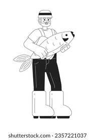 Cheerful senior man in hat catch fish monochromatic flat vector character. Editable thin line full body fisherman in boots and costume on white. Simple bw cartoon spot image for web graphic design