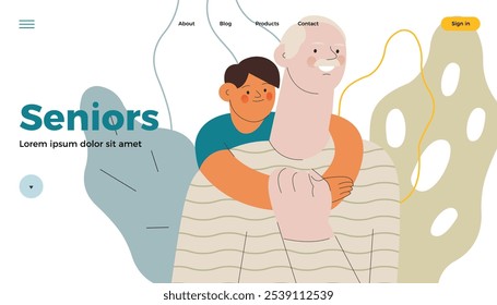 Homem sênior alegre com criança. Avô abraça netos em fundo abstrato. Homem sênior segura a mão de criança em seu peito. Ilustração vetorial plana moderna. Idosos. Banner da página inicial e do site 