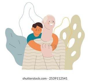 Cheerful senior man with kid. Grandparent embrace grandchild on abstract background. Senior man hold child hand on his chest. Modern flat vector illustration. Seniors. Landing page and website banner 
