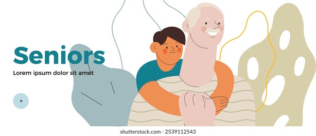 Homem sênior alegre com criança. Avô abraça netos em fundo abstrato. Homem sênior segura a mão de criança em seu peito. Ilustração vetorial plana moderna. Idosos. Banner da página inicial e do site 