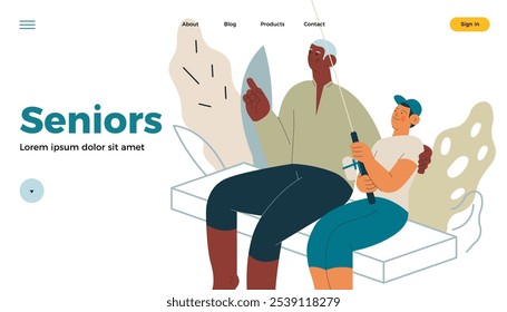 Cheerful senior man with kid. Grandparent embrace grandchild, fishing together on abstract background. Child hold fishing rod. Modern flat vector illustration. Seniors. Landing page and website banner