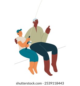 Homem sênior alegre com criança. Avô abraçar netos, pescando juntos em fundo branco. Criança segurar vara de pesca. Ilustração vetorial plana moderna. Idosos. Banner da página inicial e do site