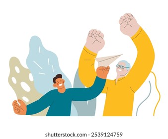 Cheerful senior man with kid. Grandparent play with grandchild with paper airplane on abstract background. Modern flat vector illustration. Seniors. Landing page and website banner template.