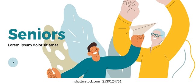 Cheerful senior man with kid. Grandparent play with grandchild with paper airplane on abstract background. Modern flat vector illustration. Seniors. Landing page and website banner template.