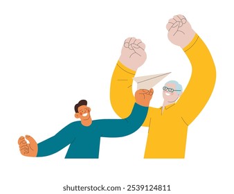 Cheerful senior man with kid. Grandparent play with grandchild with paper airplane on white background. Modern flat vector illustration. Seniors. Landing page and website banner template.
