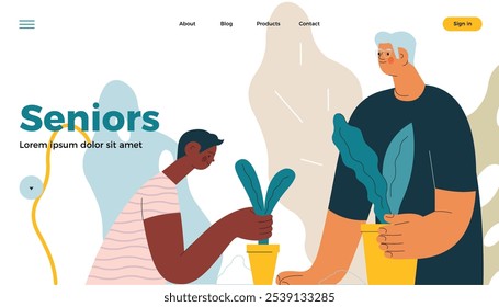 Cheerful senior man with kid. Grandparent planting houseplants with grandchild on abstract background. Senior man gardening with child. Vector illustration. Seniors. Landing page, website banner