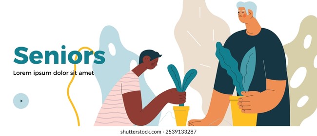 Cheerful senior man with kid. Grandparent planting houseplants with grandchild on abstract background. Senior man gardening with child. Vector illustration. Seniors. Landing page, website banner