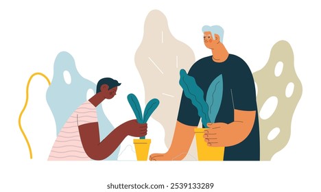 Cheerful senior man with kid. Grandparent planting houseplants with grandchild on abstract background. Senior man gardening with child. Vector illustration. Seniors. Landing page, website banner